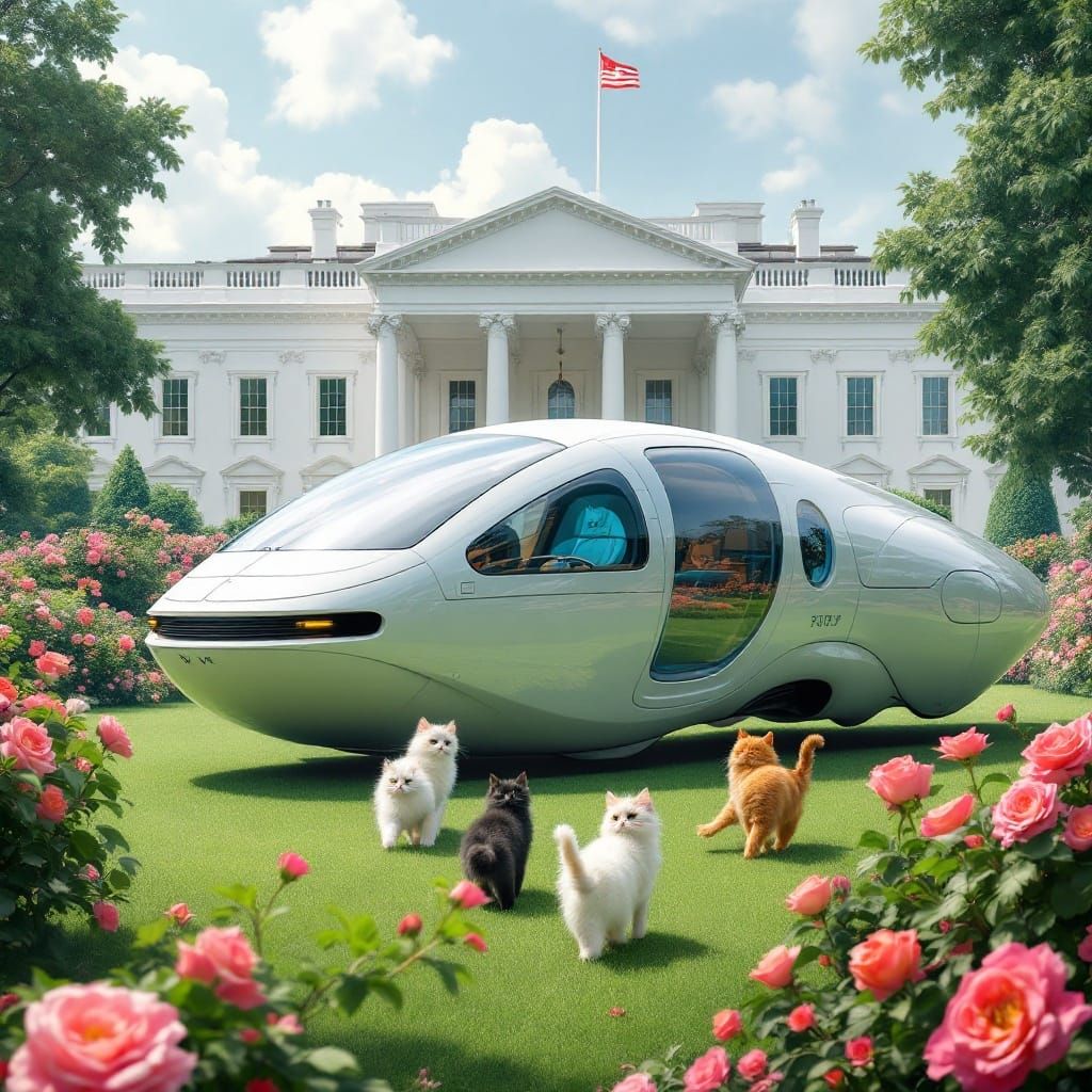 Futuristic Vehicle in Rose Garden with Cats