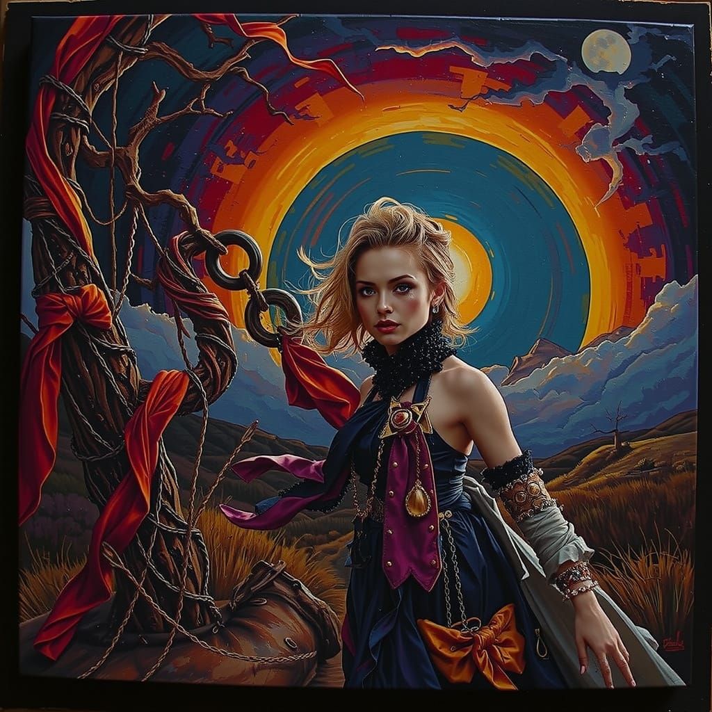 Glamorous Woman on Windswept Moor at Twilight