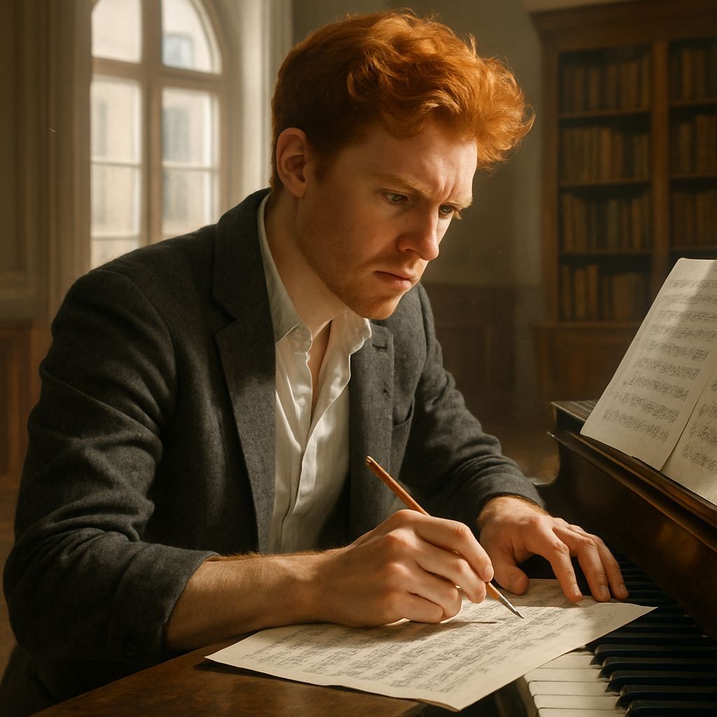 Photorealistic Composer Writing Music at Grand Piano