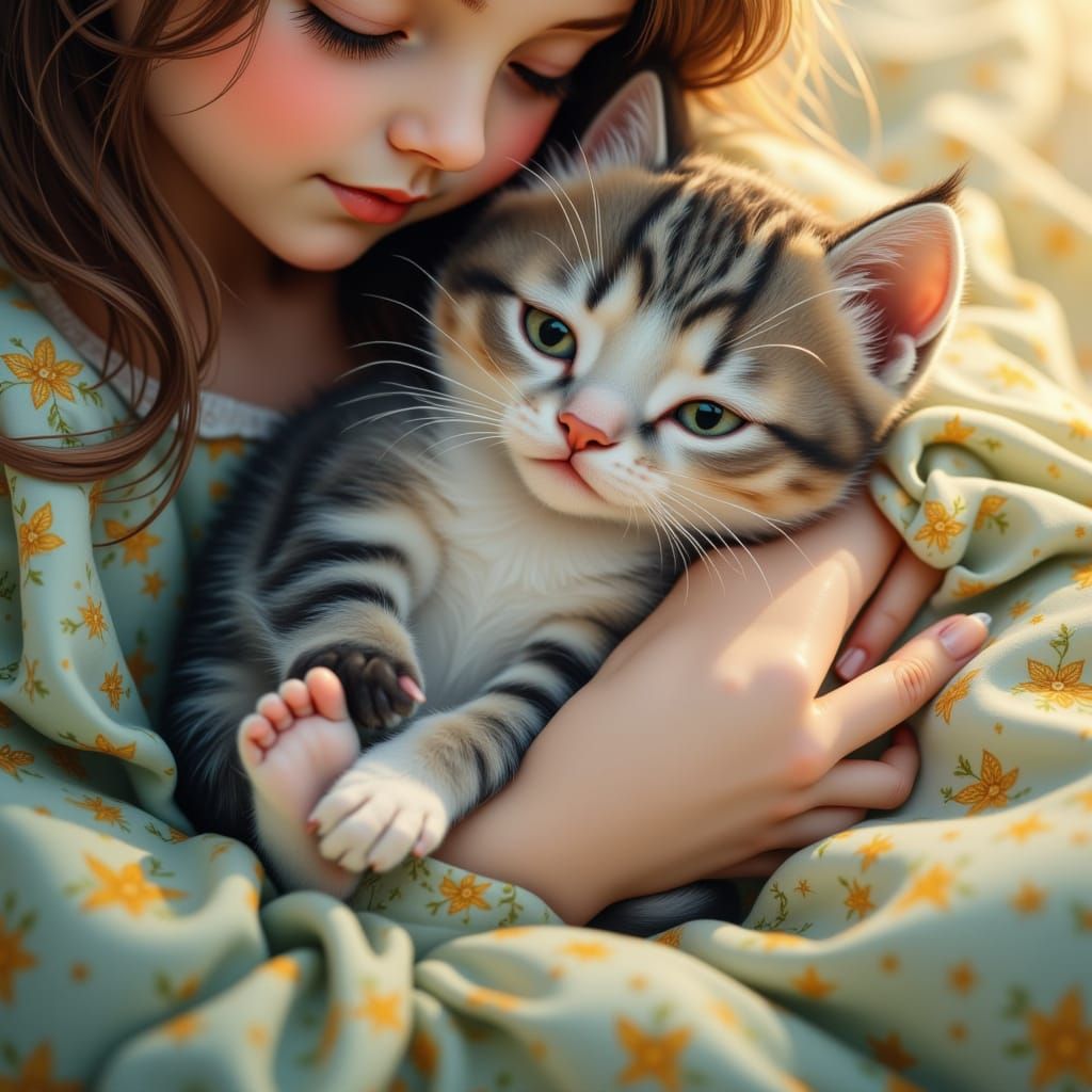 <lora:Lora mon imagination:1.0> gros plan d' Un petit chaton de 3 mois gris et blanc  qui dort dans les bras d'une petit...