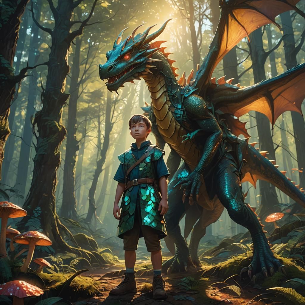 Boy in Dragon Dress in Mystical Forest