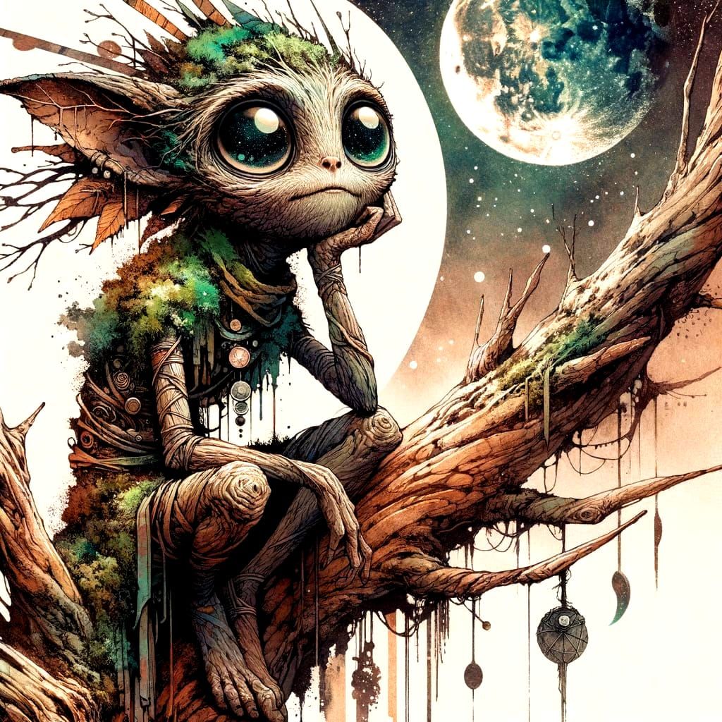 Bark-skinned Woodland Creature in Surreal Punk Collage