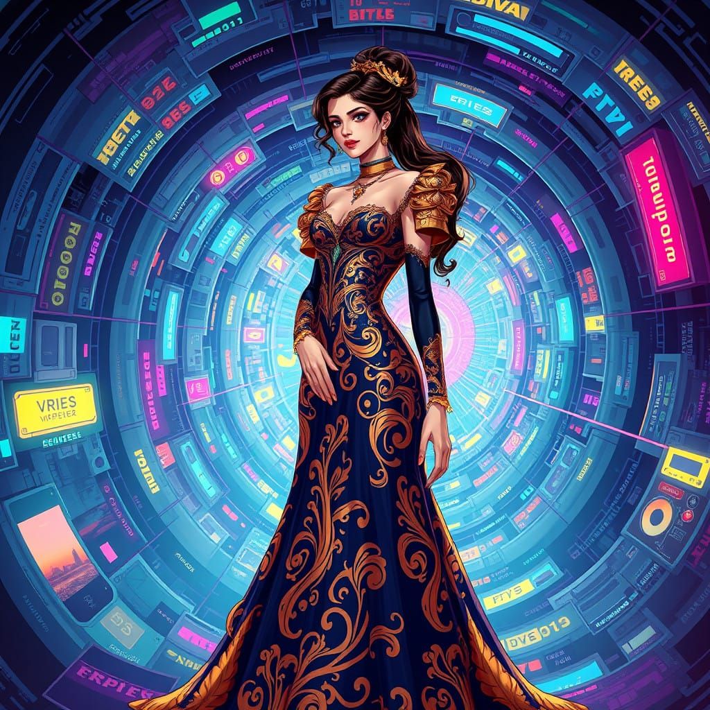 Rococo Lady in a Glitch-Art Labyrinth of Quantum Dreams