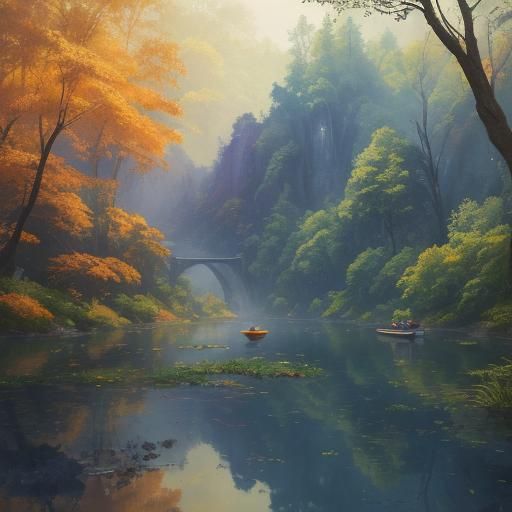 Serene River Scene in Watercolor Style
