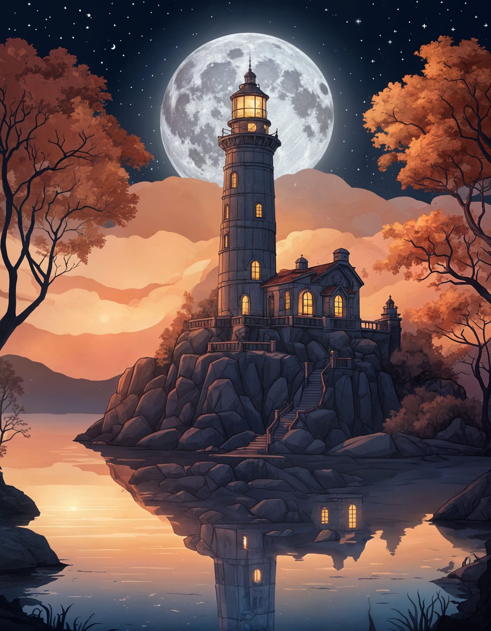 Ethereal Moonlit Lighthouse Scene in Cinematic Style