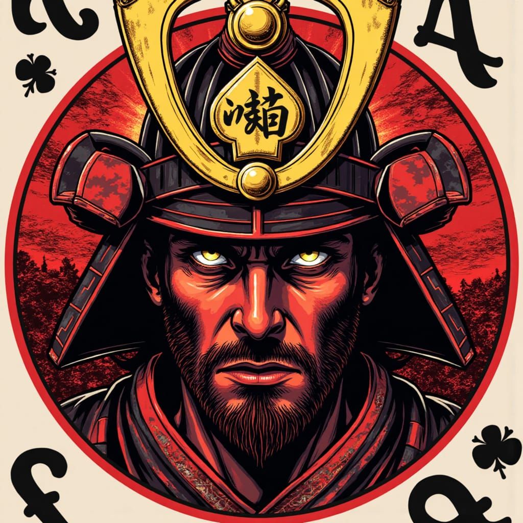 A Powerful Samurai Warrior's Head in Golden Kabuto with Risi...