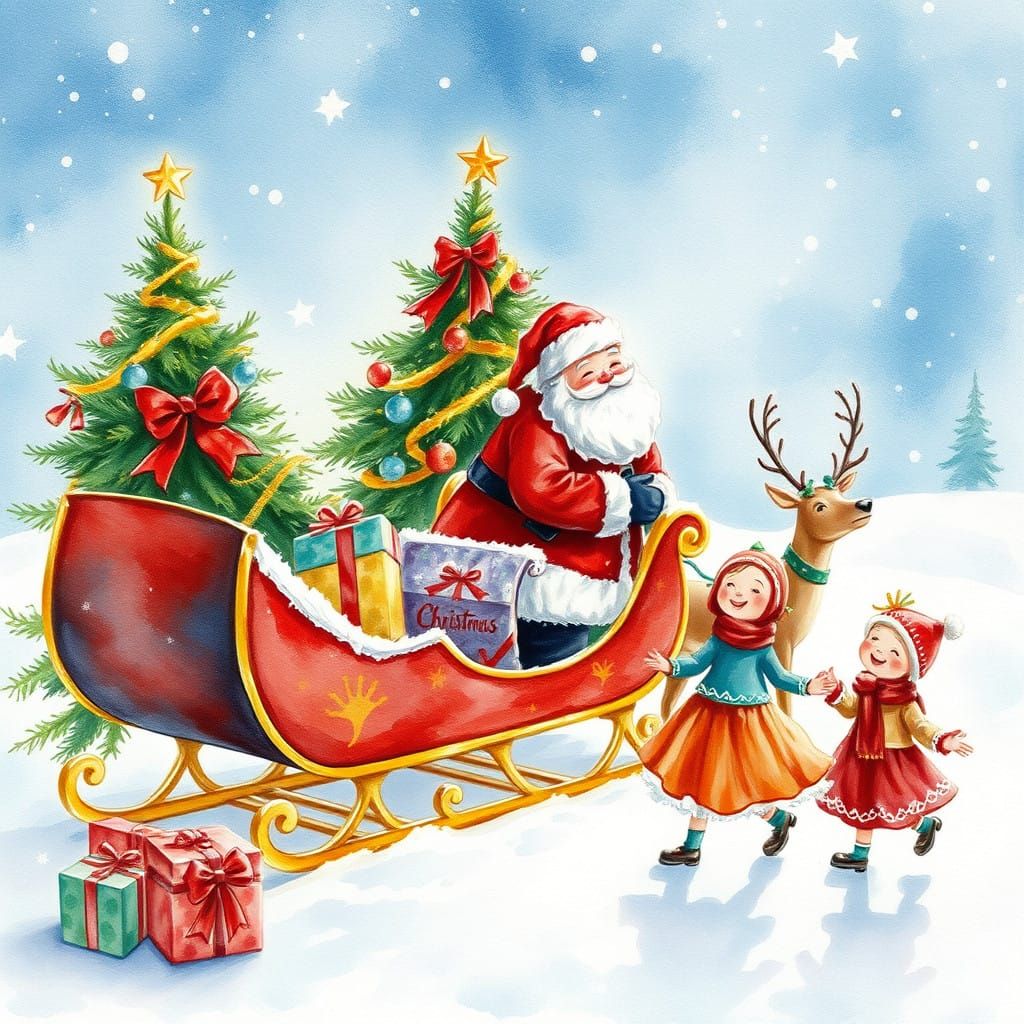 Vintage Christmas Watercolor Postcard