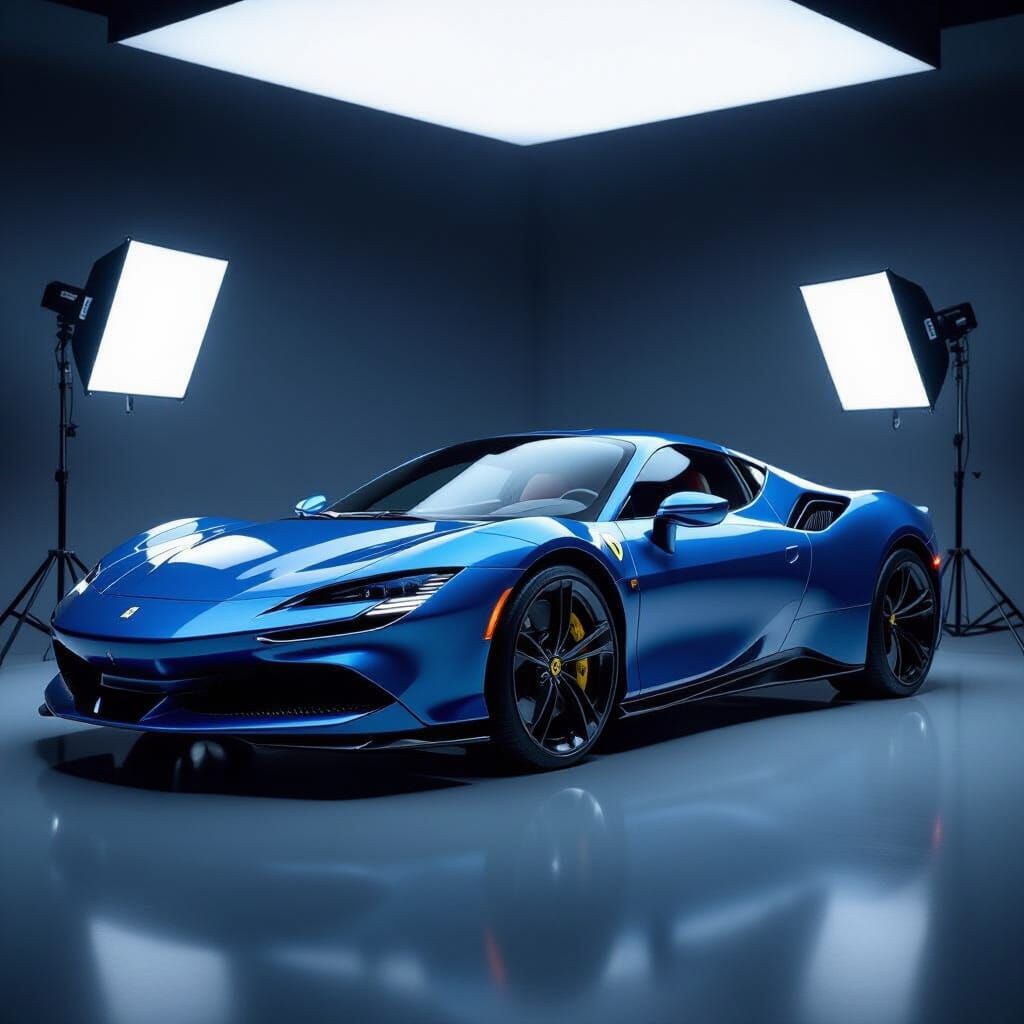 Ultrarealistic Ferrari SF90 in Moody Blue Car Studio