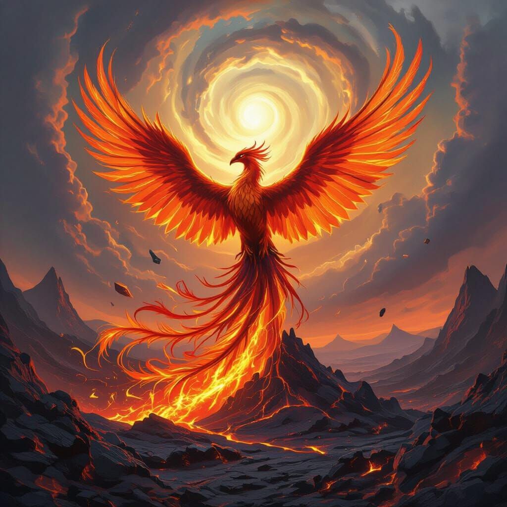 Majestic Phoenix Rises From Fiery Volcanic Landscape