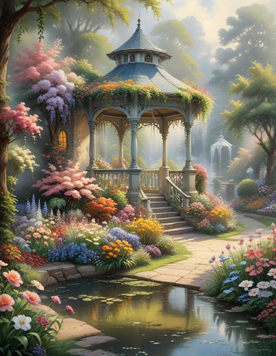 Hyperrealistic Summer Garden Gazebo Painting