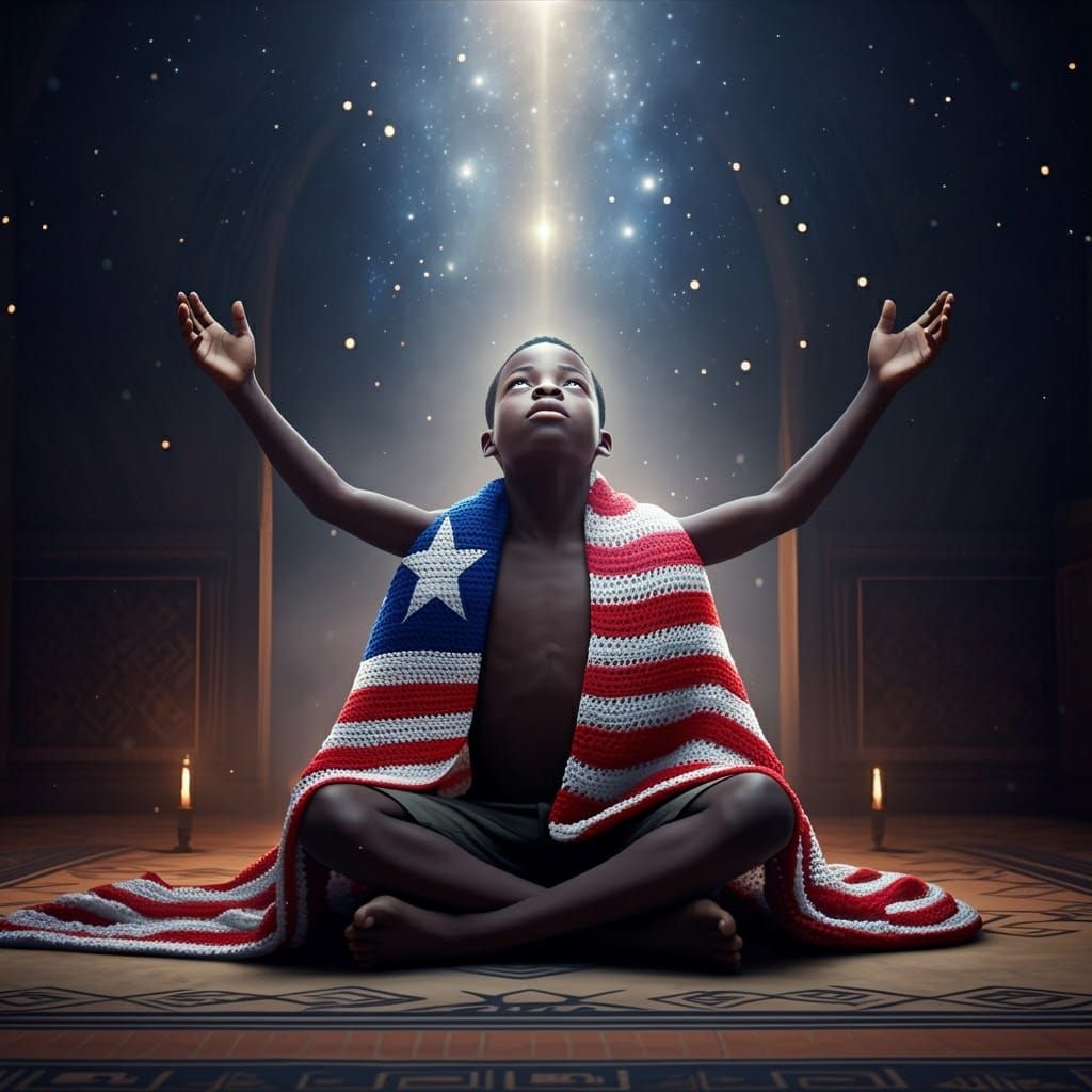 Liberian Boy in Crochet Flag, Matte Painting Style