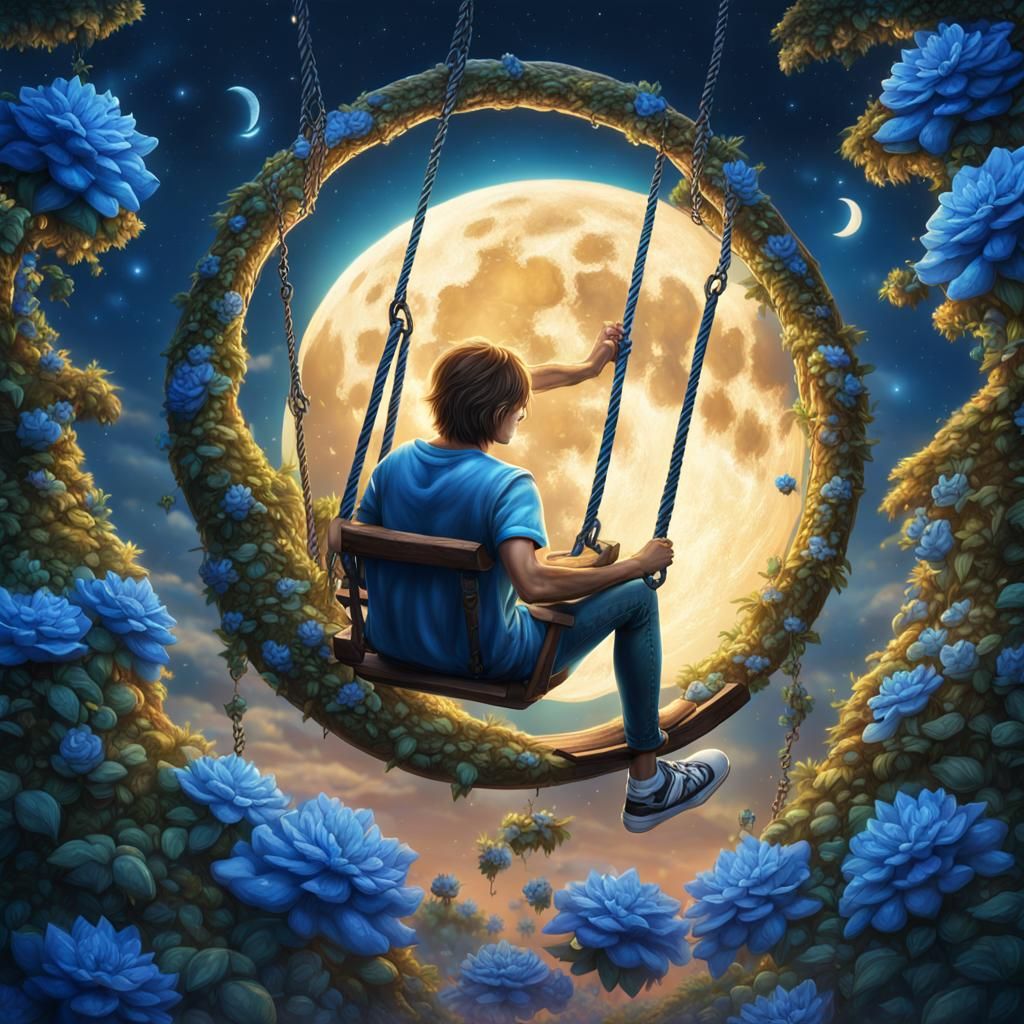 Teen Swings From Moon in Digital Painting