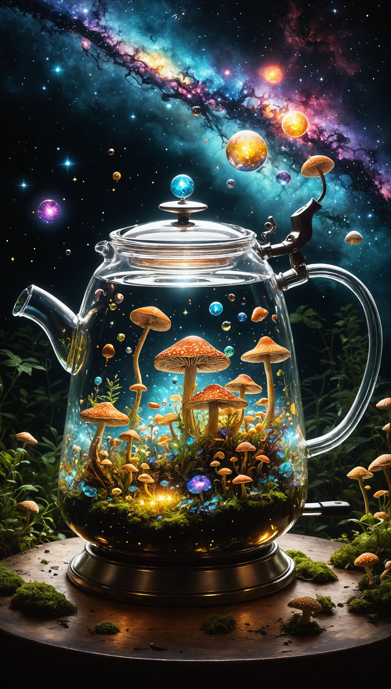 Psychedelic Mushrooms in Cosmic Tea Kettle Portrait
