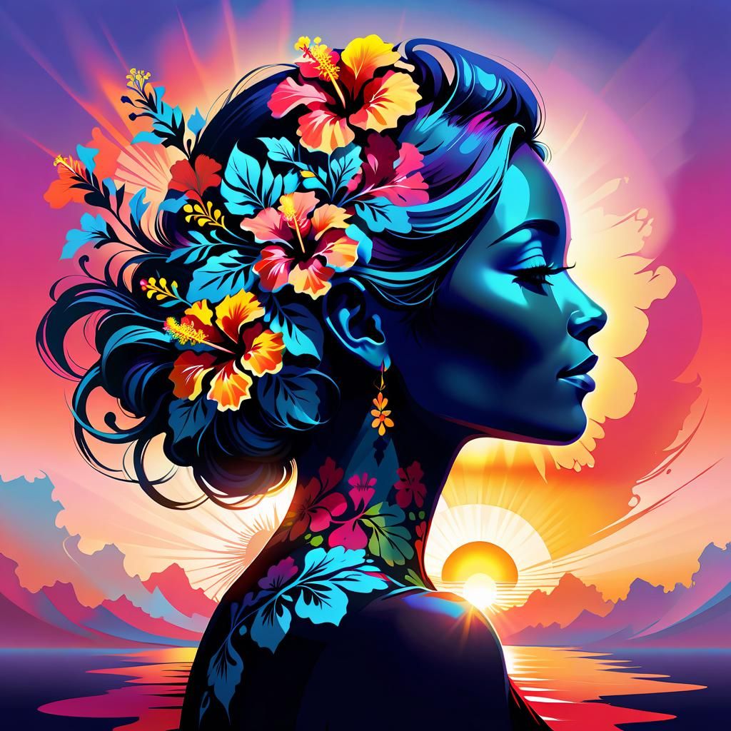 Woman with Hibiscus Flowers in Sunrise, Ink Art