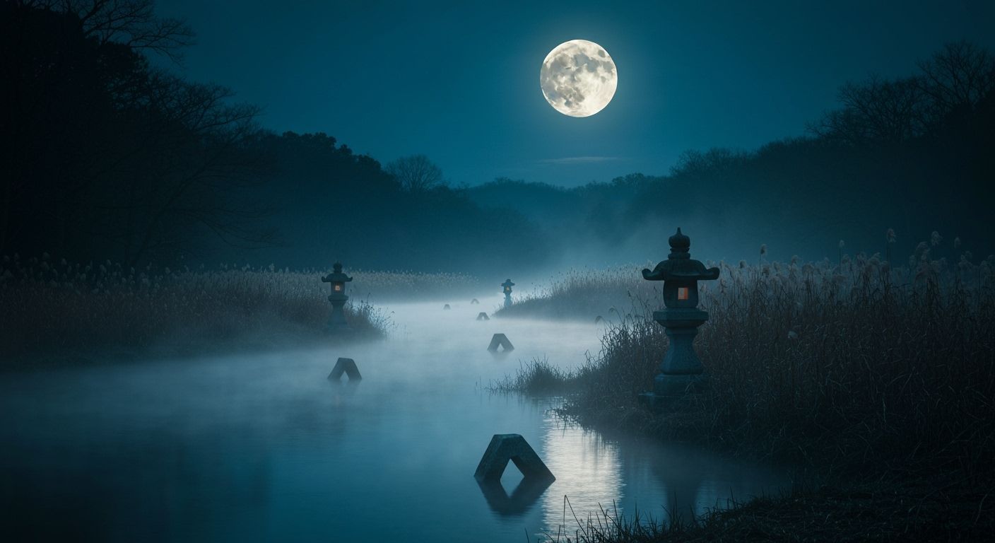 Surreal Japanese Myth: Glowing River Under Full Moon