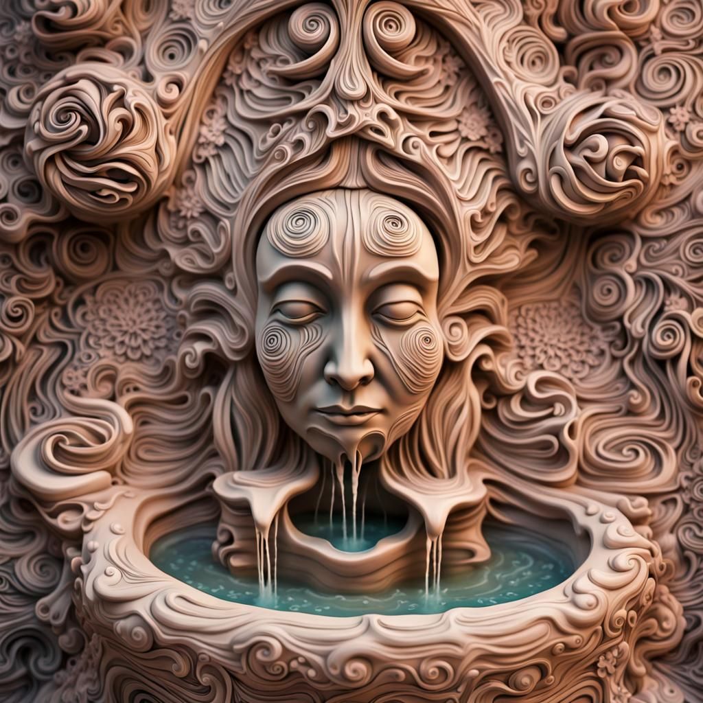 Ornate Clay Fountain in Visionary Art Style