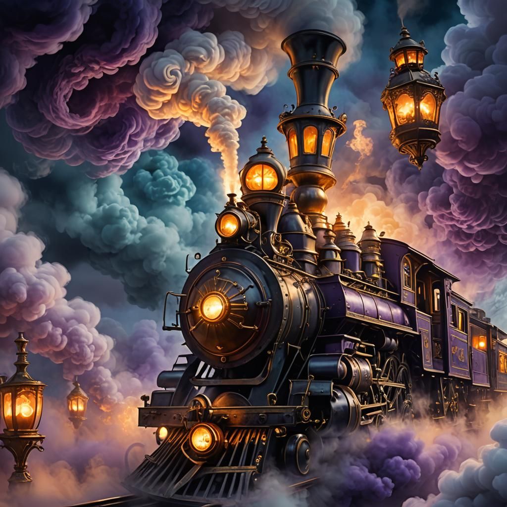 Ghostly Pumpkin Conductor on Steam Train, Fantasy Art