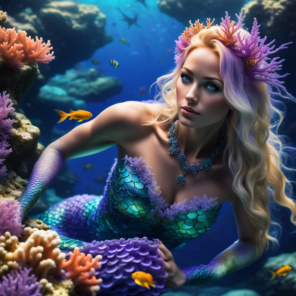 Gorgeous Mermaid in Underwater Grotto with Coral
