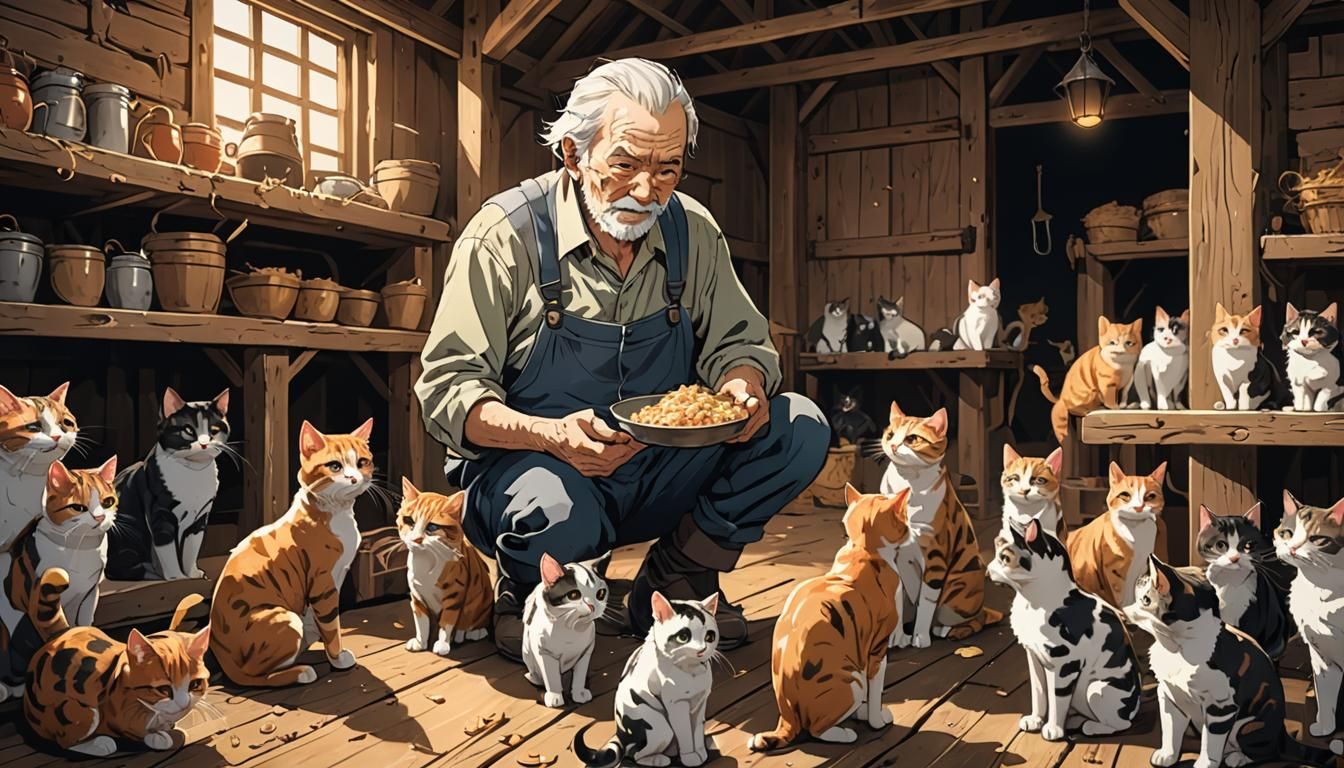 Old Man Feeding Cats: Anime Style Illustration