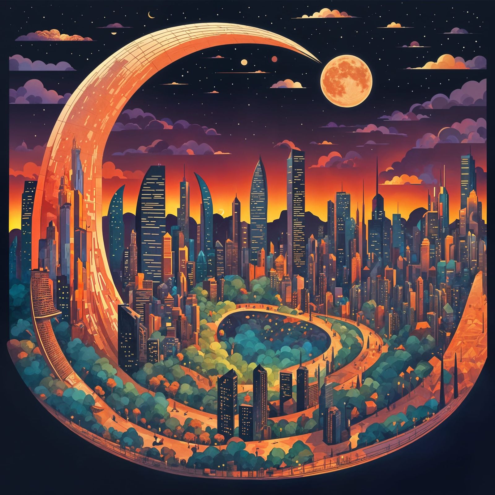 Surreal Futuristic Cityscape Within a Glowing Crescent Moon