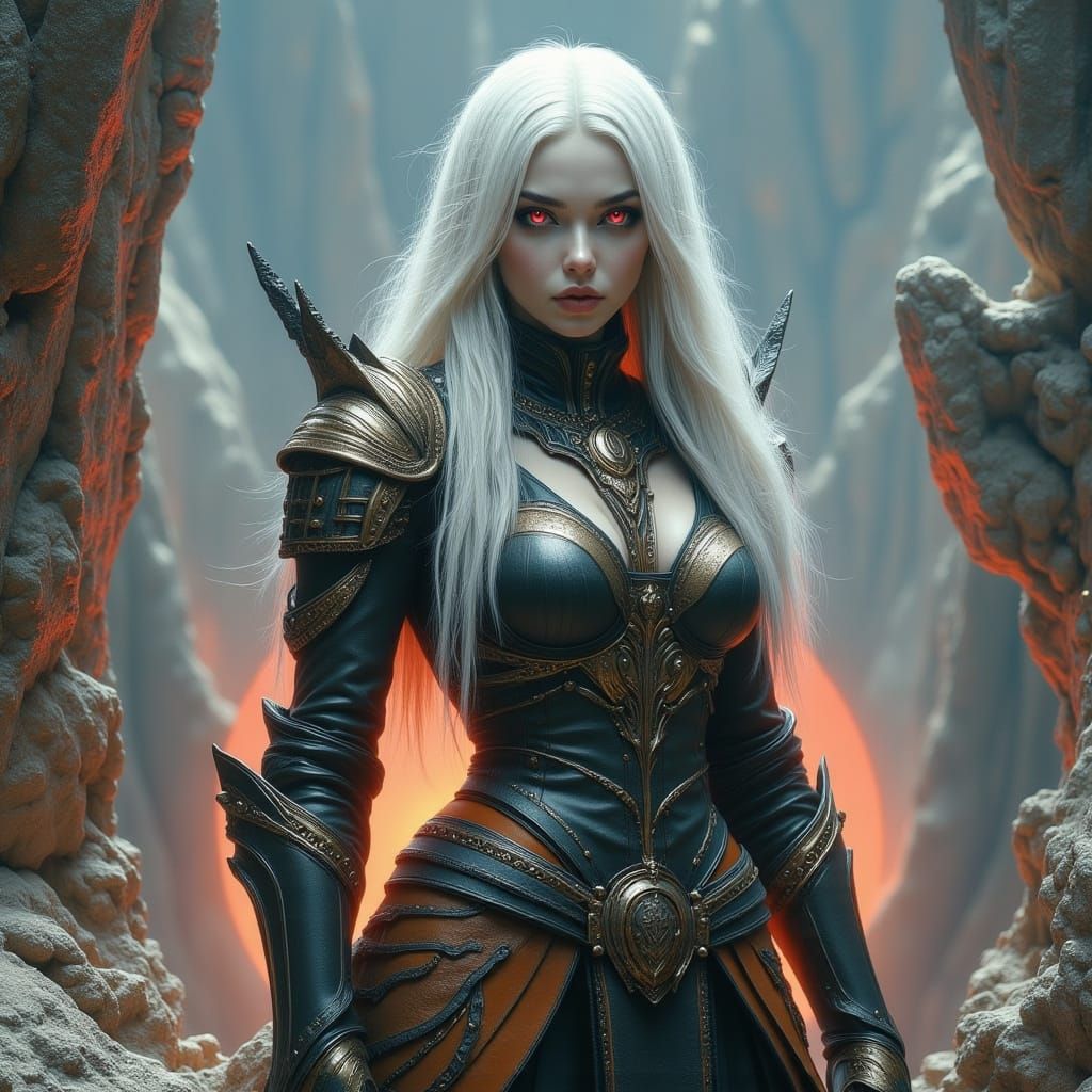 Albino Giantess in Leather Armor Against Fiery Sunset