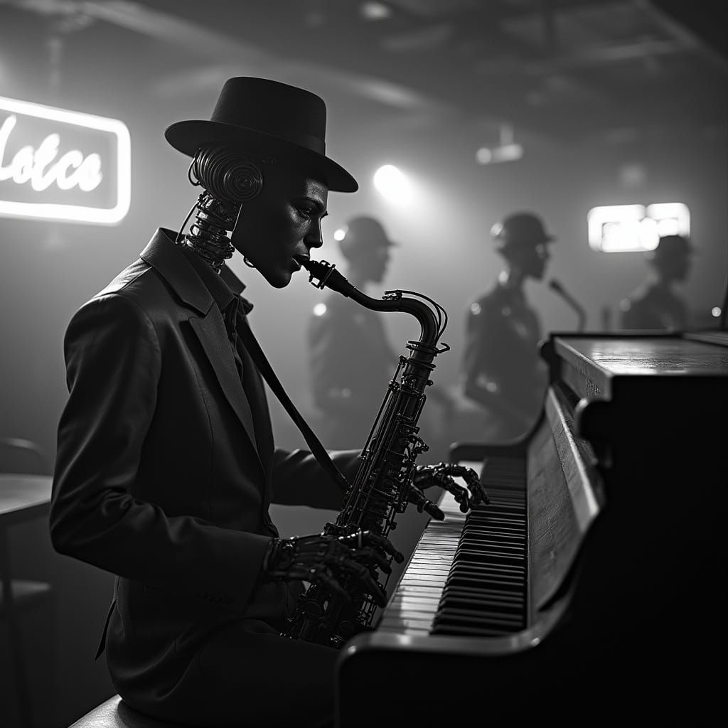 Robot Saxophonist in Noir Jazz Club