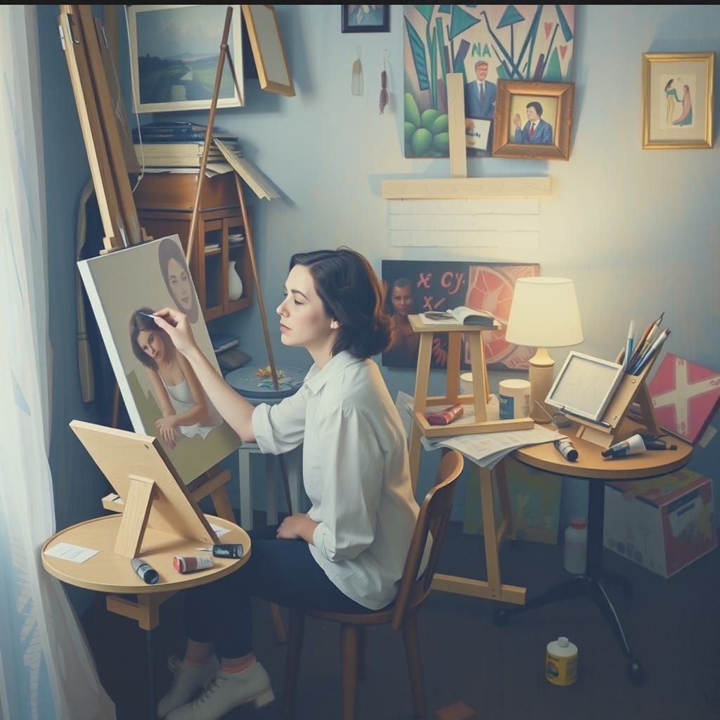 Artist in Cozy Studio, Lost in Creative Expression