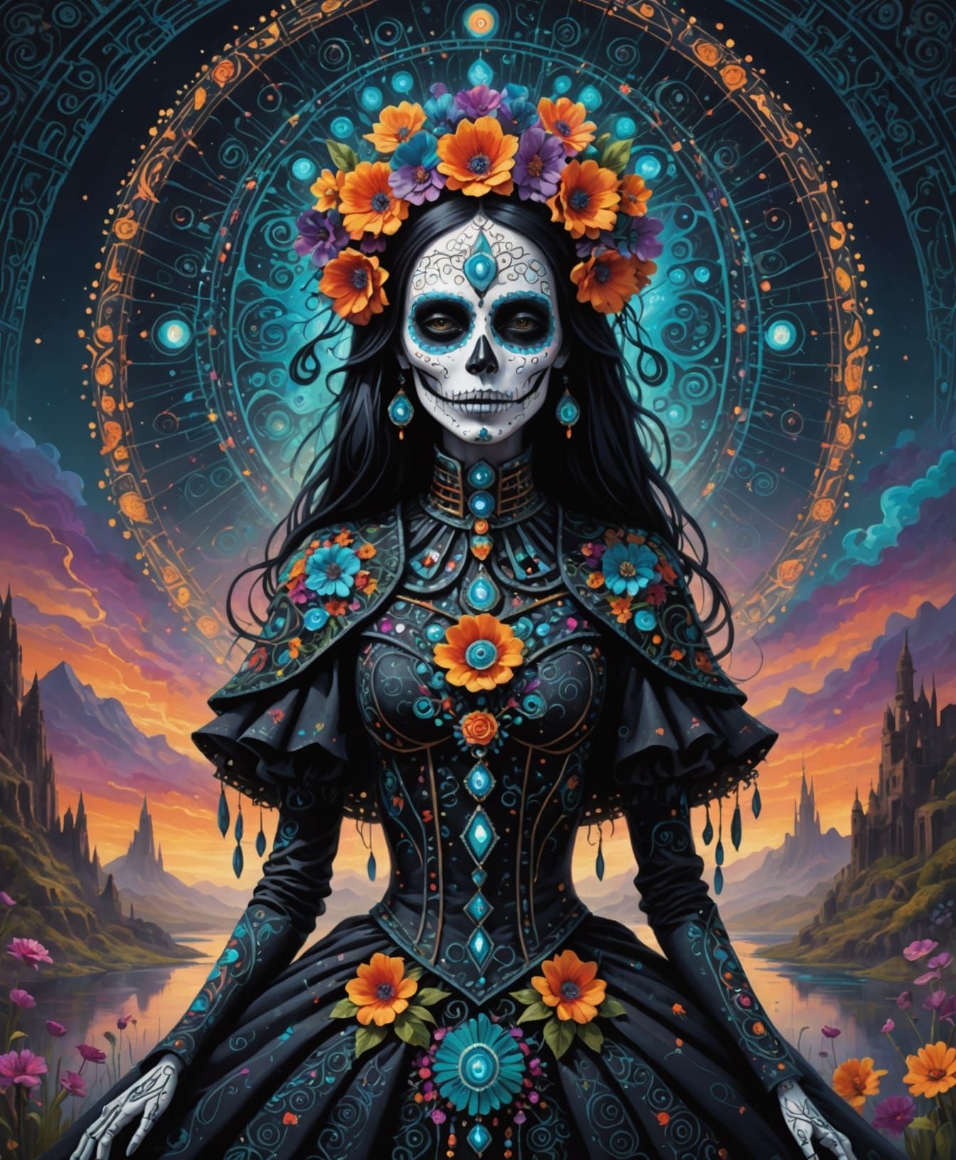 Regal Catrina in Surreal Data Landscape