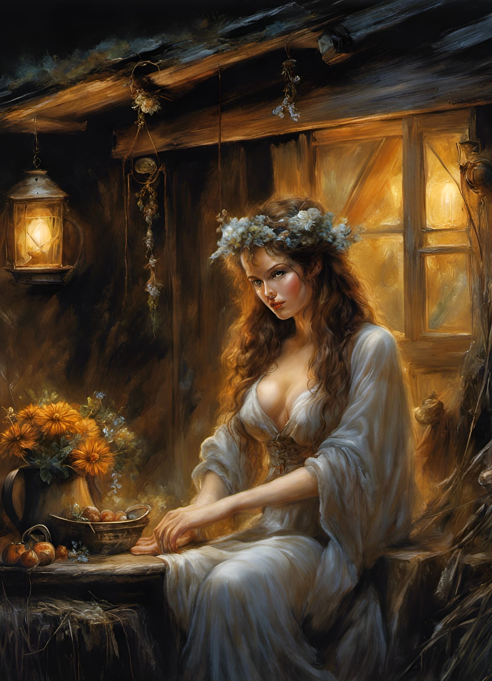 Voluptuous Freckled Witch Working at Night