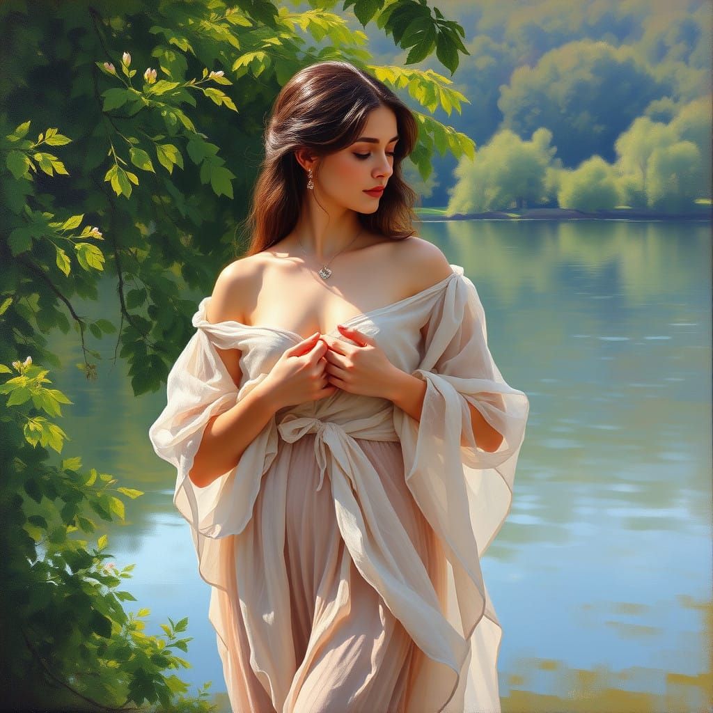 Woman in Serene Lake Landscape, in the Style of the Old Mast...