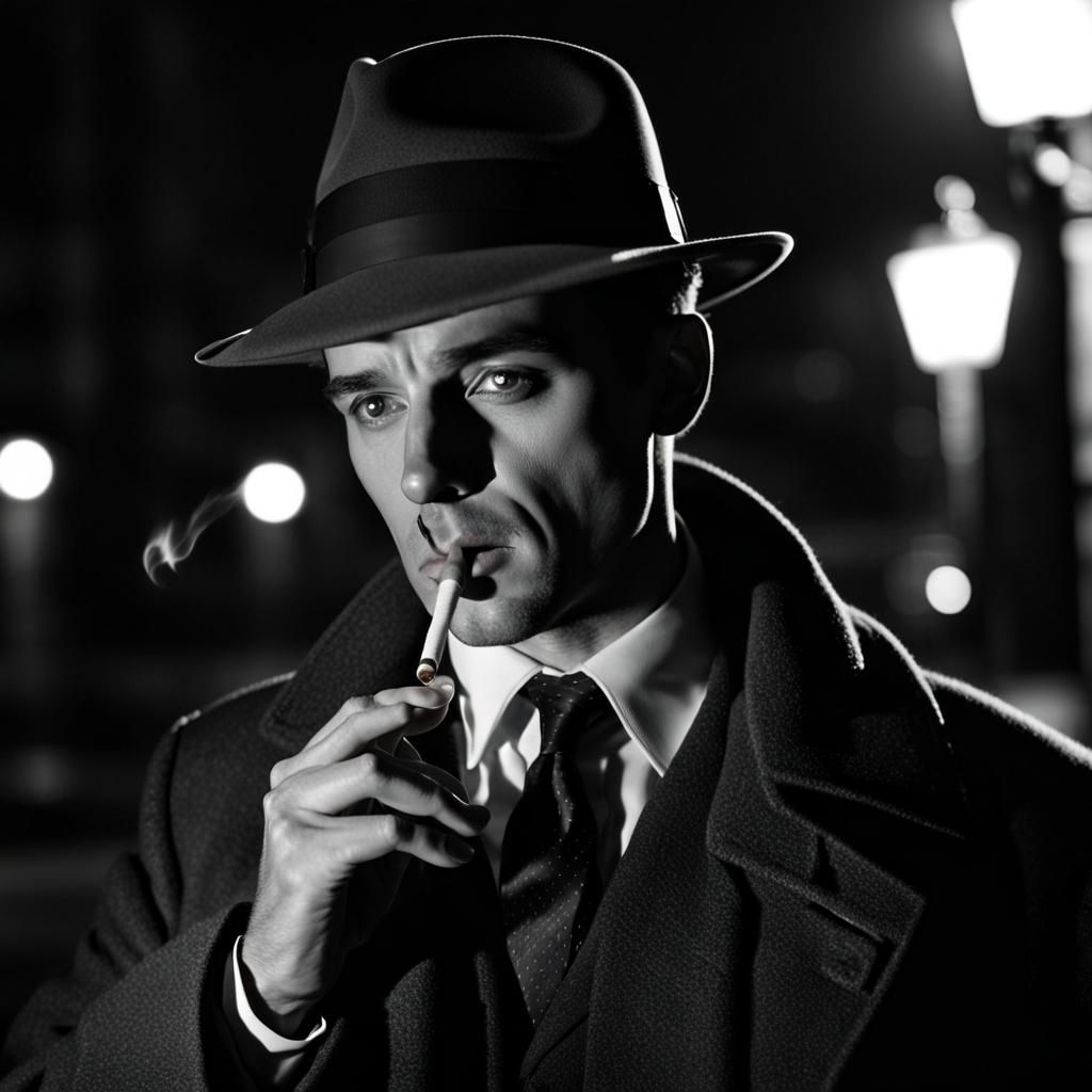 Detective Smoking: Film Noir Scene at Night