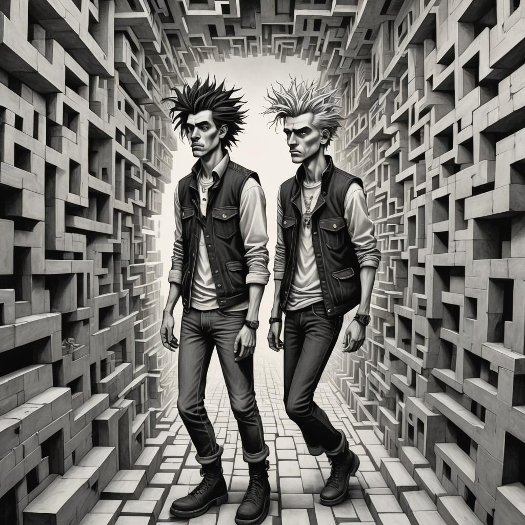 1980s Rock Star in Surrealist Monochrome Maze