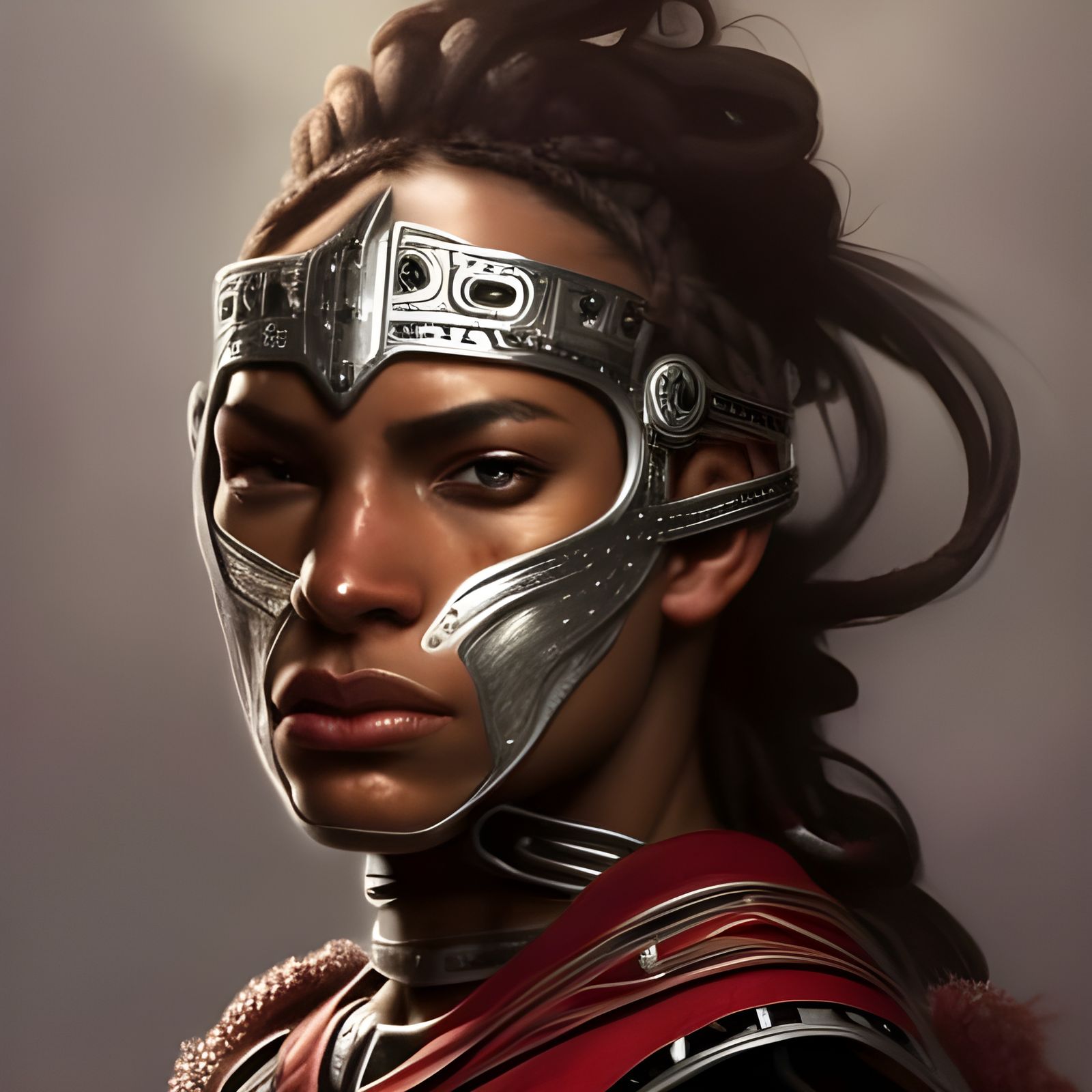 Fierce Red Armored Warrior Portrait in Hyperdetailed Style