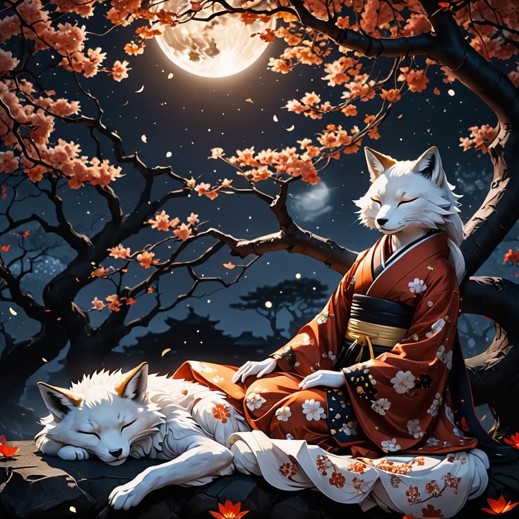 Kitsune Geisha Sleeping Under Sakura Tree in Manga Style
