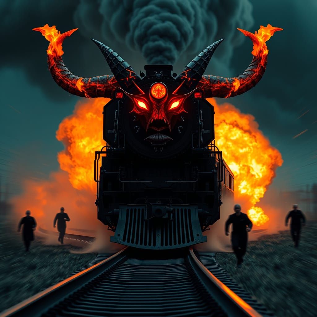 Demonic Train Speeds with Flames and Devilish Face