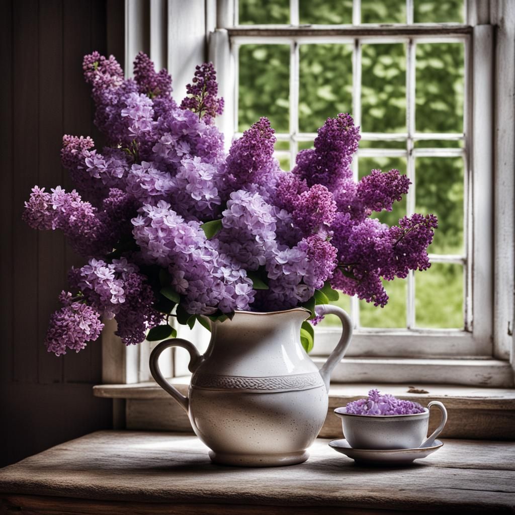 Lilacs in Stoneware Jug, Hyperrealistic Kitchen Scene