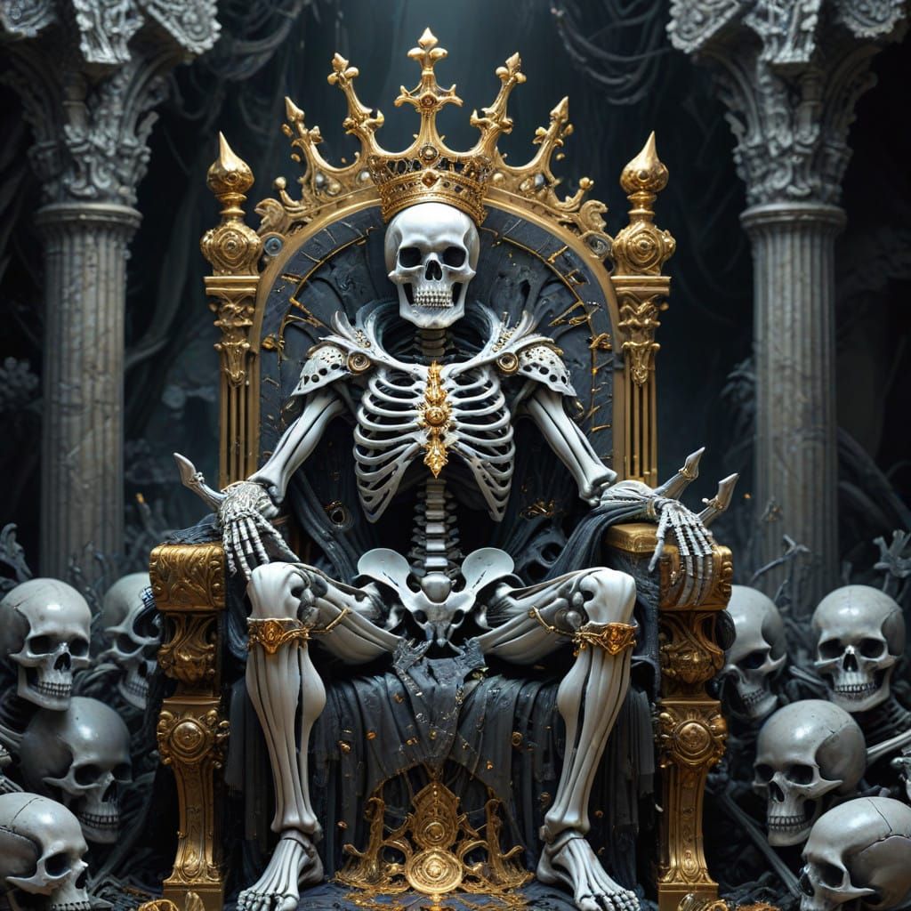 Regal Skeleton in Golden Armor Reigns Over a Court of Bones
