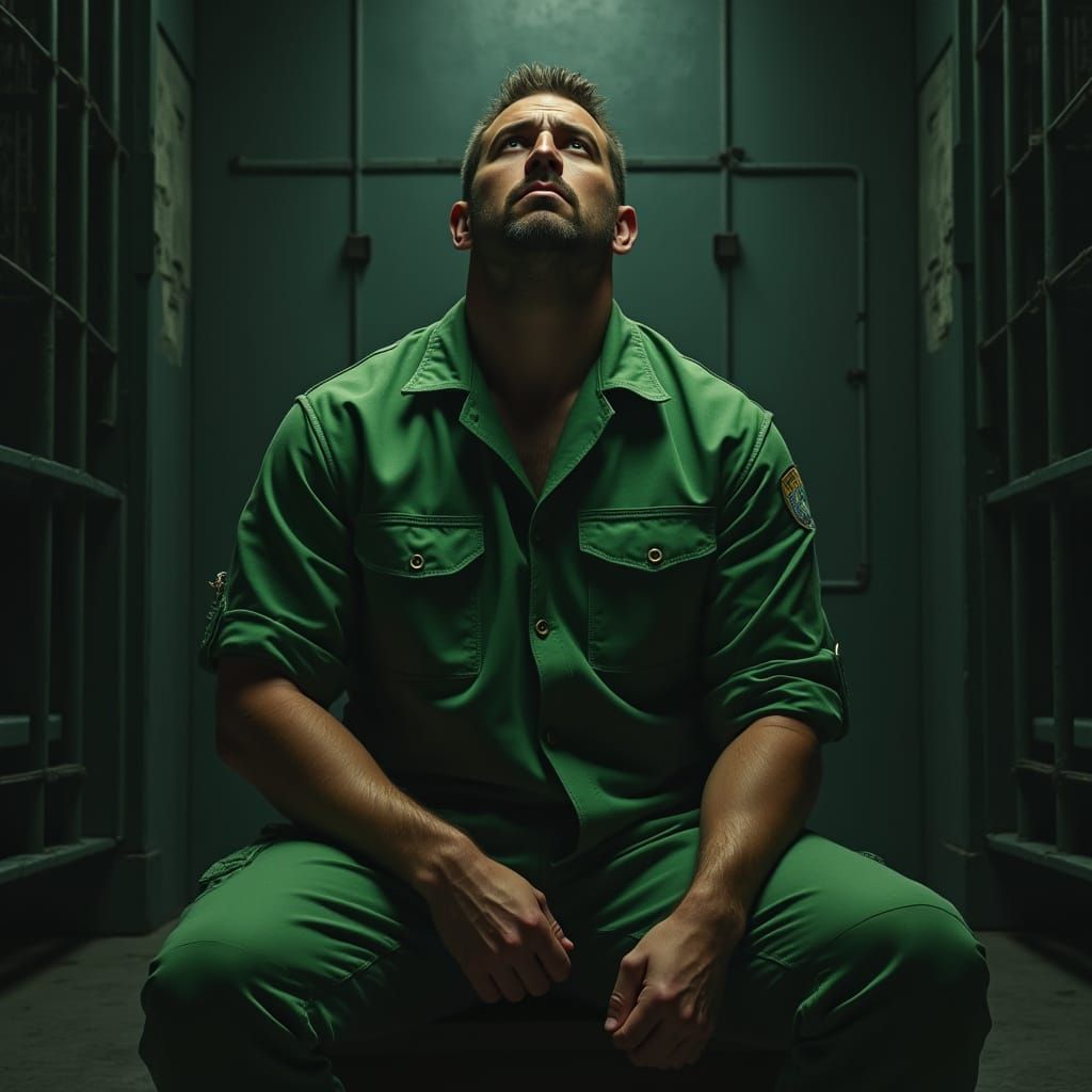 Defiant Prisoner in Dim Jail Cell, Dramatic Lighting