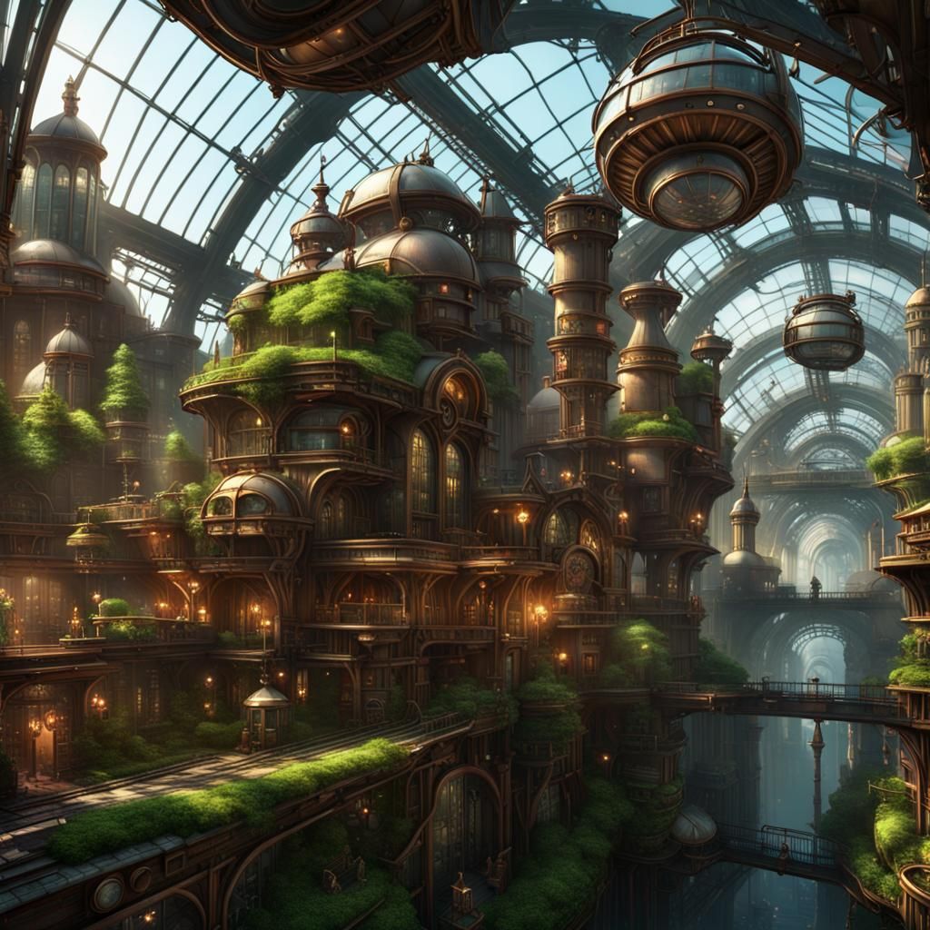 Steampunk City Vista with Lush Greenhouses
