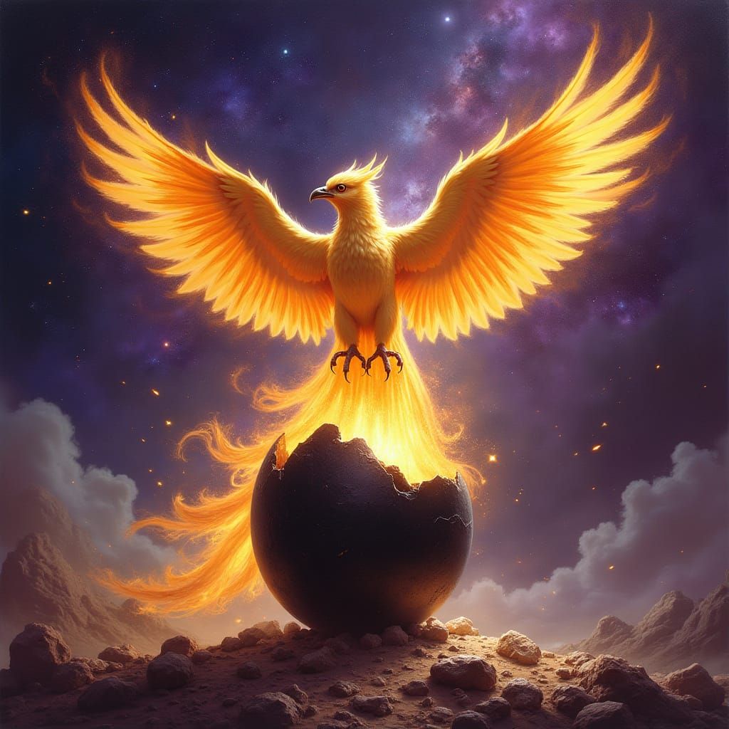 Majestic Phoenix Erupts From Obsidian Egg in Cosmic Nebula