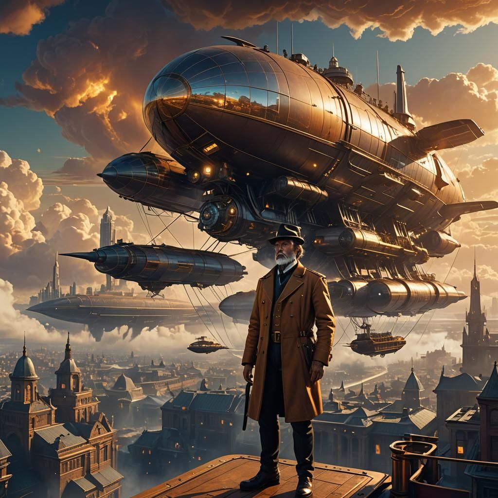 Jules Verne on Futuristic Airship Above Steampunk City
