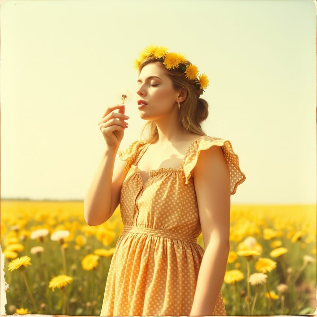 Woman in Summer Dress Blows Dandelion Seeds in a Field of Bl...