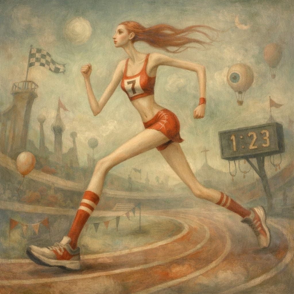 Surreal Female Athlete Running in Weird Arena Painting