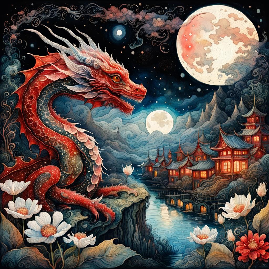 Dragon Watches Moonlit Sky in Watercolor Illustration