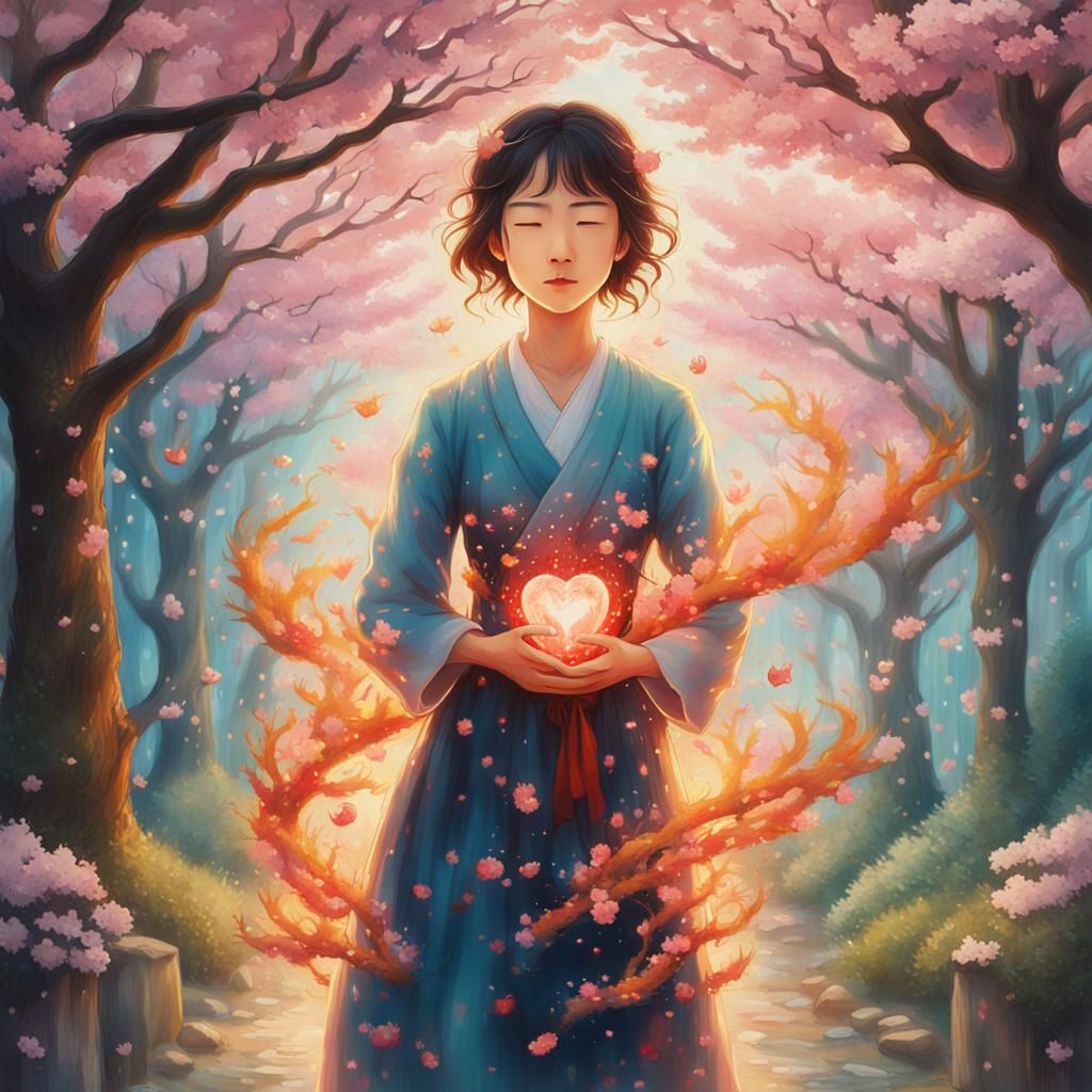 Surrealistic Studio Ghibli Style Woman in Cherry Blossom Gar...
