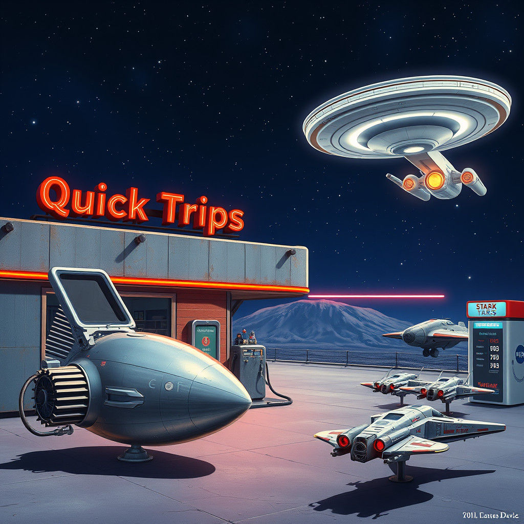 Retro-Futuristic Space Gas Station with Spaceships