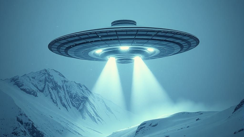 Menacing Submarine UFO Over Snowy Alps in Blizzard