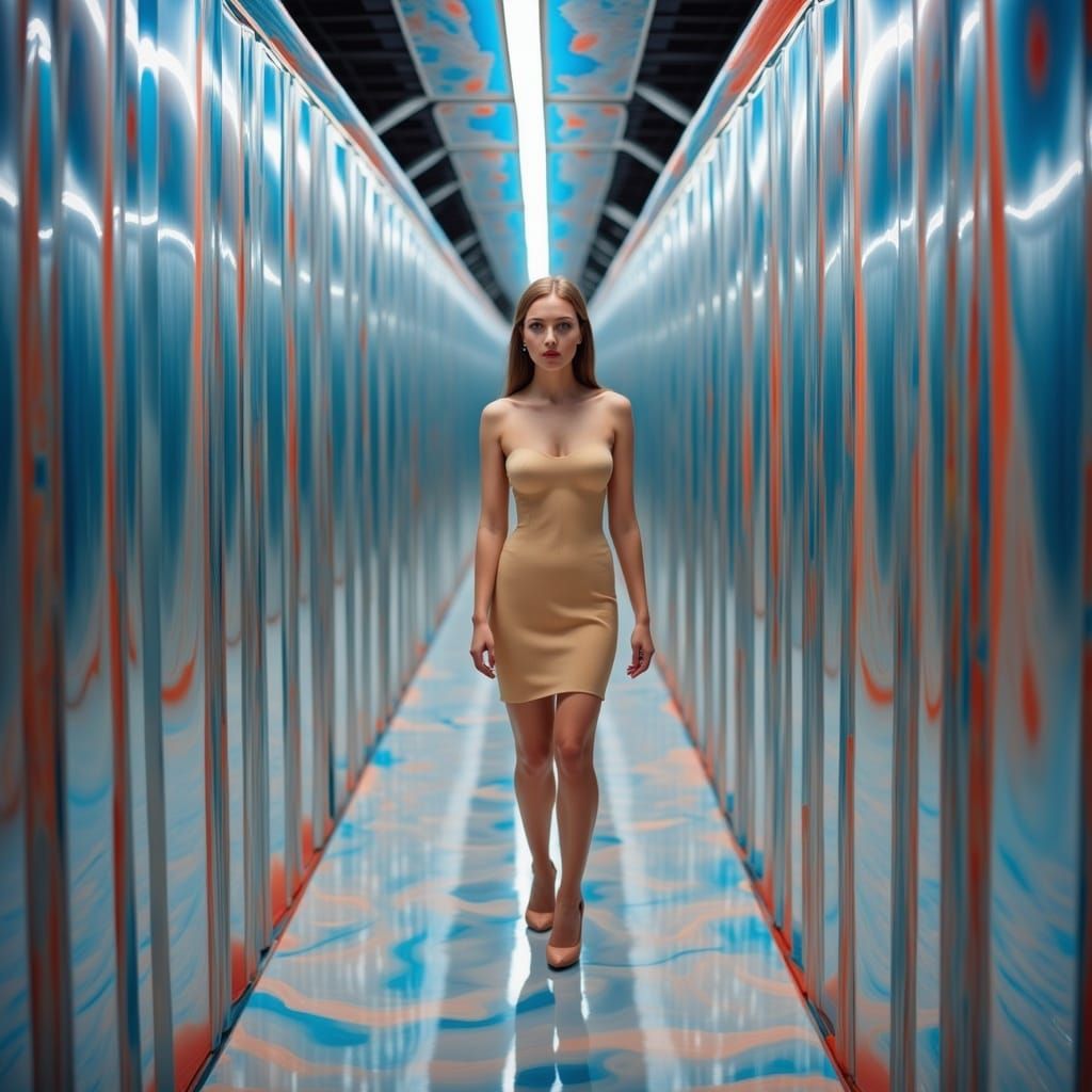Ethereal Woman Emerges from Endless Corridor of Shimmering M...