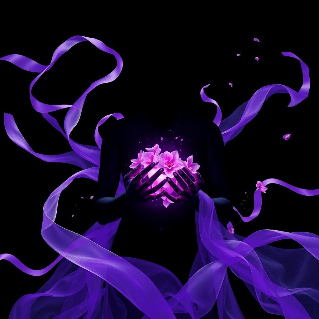 Resilient Cyberpunk Figure with Purple Ribbons