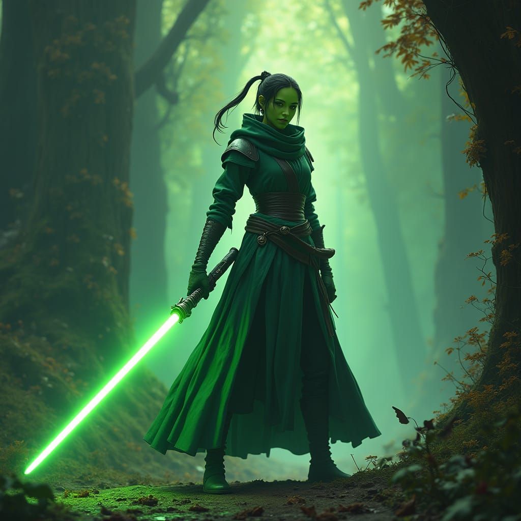 Heroic Twi'lek Jedi in Lush Environment